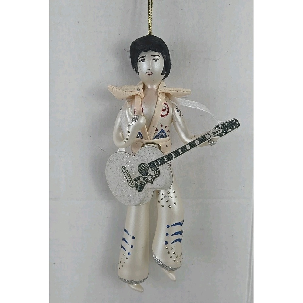 Vintage Elvis in White Jumpsuit & Guitar 9" Blown Glass Christmas Ornament VGC